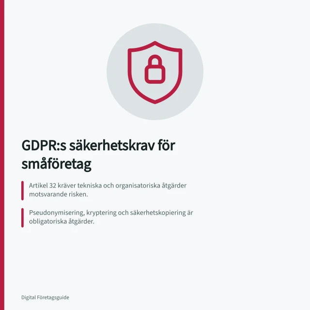 GDPR:s säkerhetskrav för småföretag: Artikel 32 kräver tekniska och organisatoriska åtgärder motsvarande risken.; Pseudonymisering, kryptering och säkerhetskopiering är obligatoriska åtgärder.; Nätverksskydd måste omfatta alla enheter, även hemarbetare och molntjänster. Säkerhetskraven i GDPR artikel 32 för småföretag